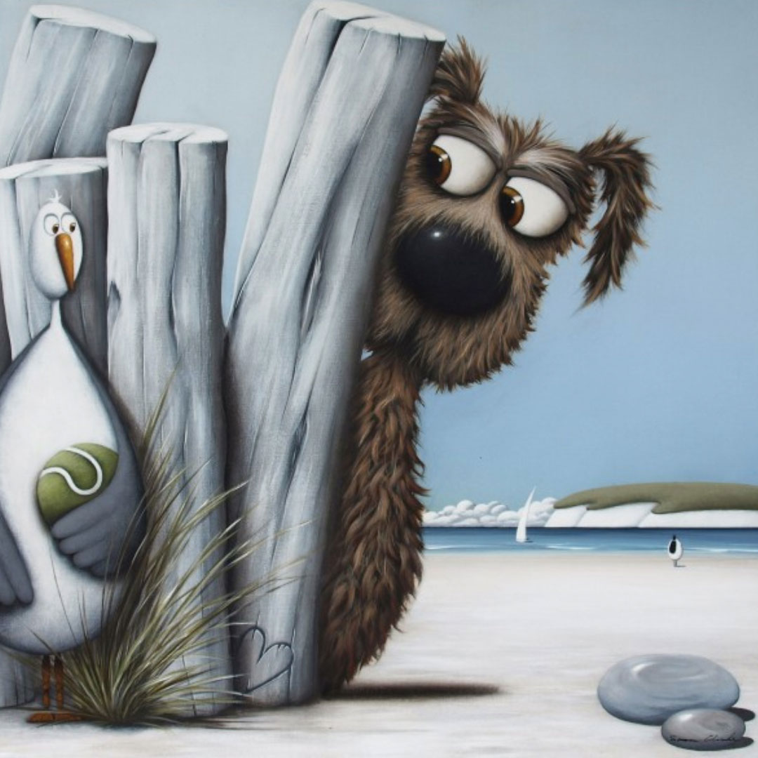 Simon Clarke — a dog and a seagull among the groynes