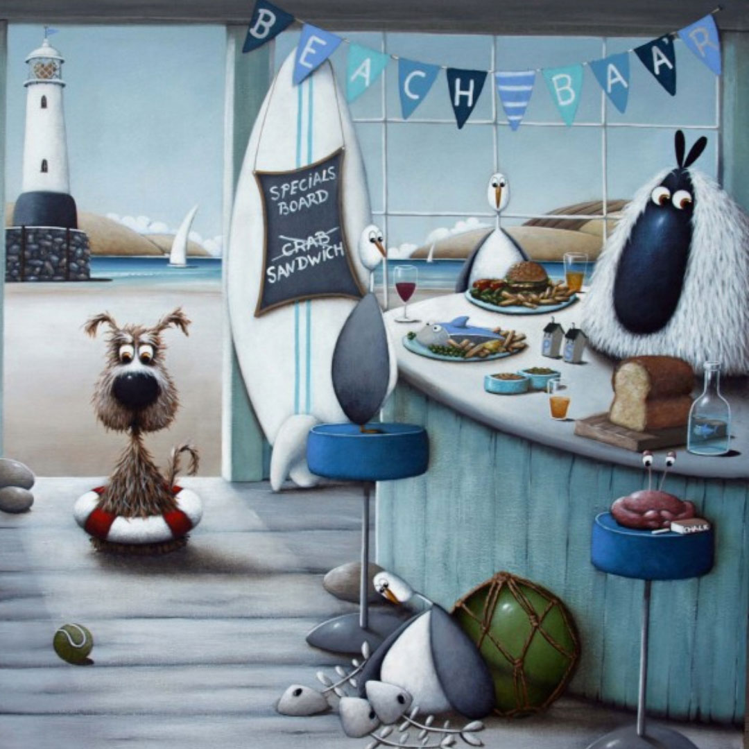 Simon Clarke — a dog and a sheep at the beach bar
