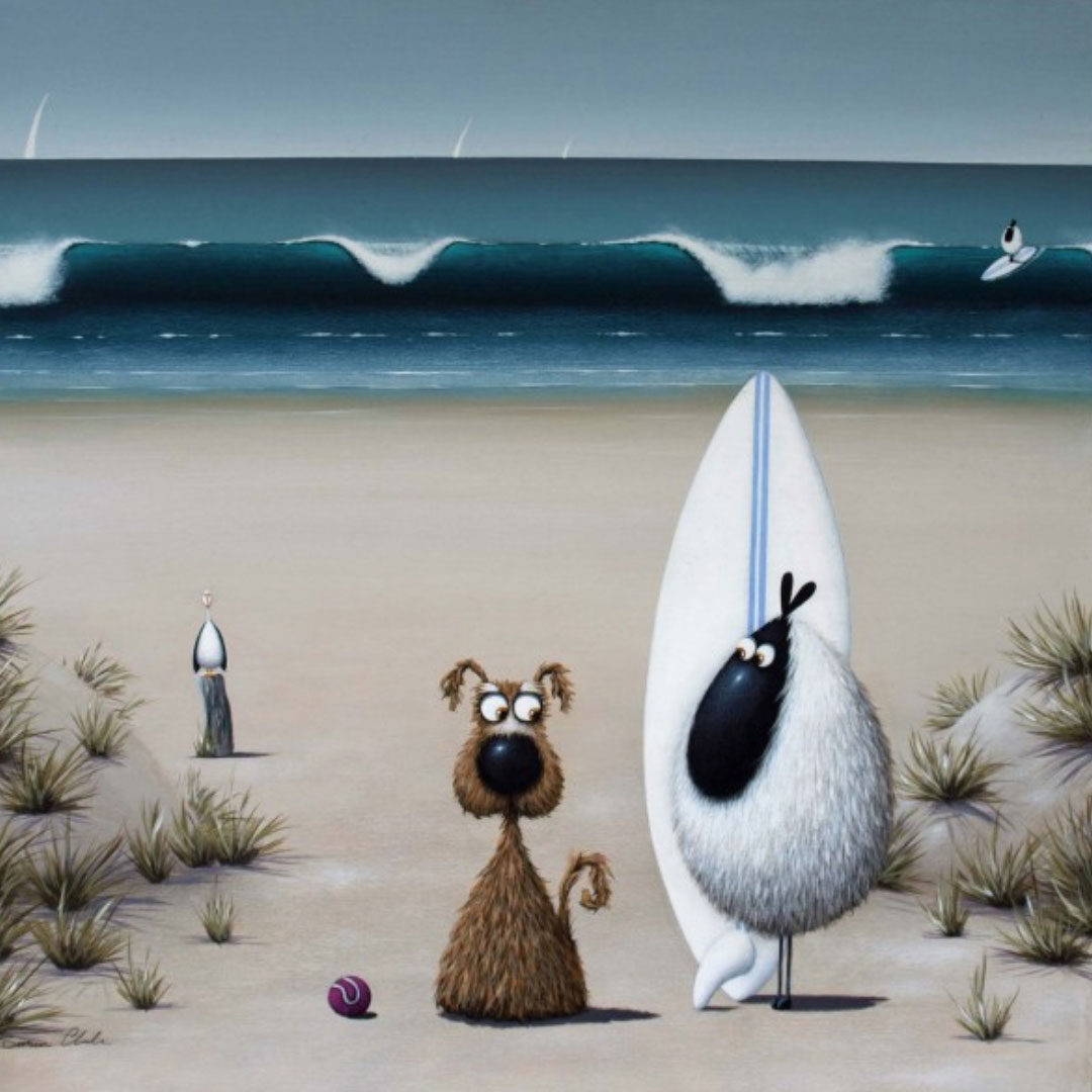 Simon Clarke — a dog and a sheep with a surfboard