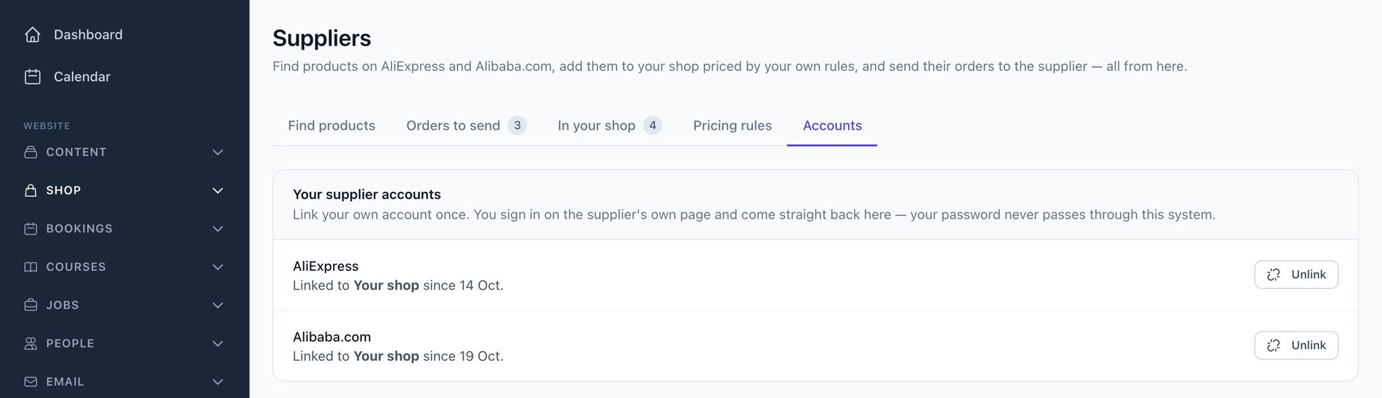 The link your aliexpress and alibaba.com accounts screen in the Mediatopia CMS