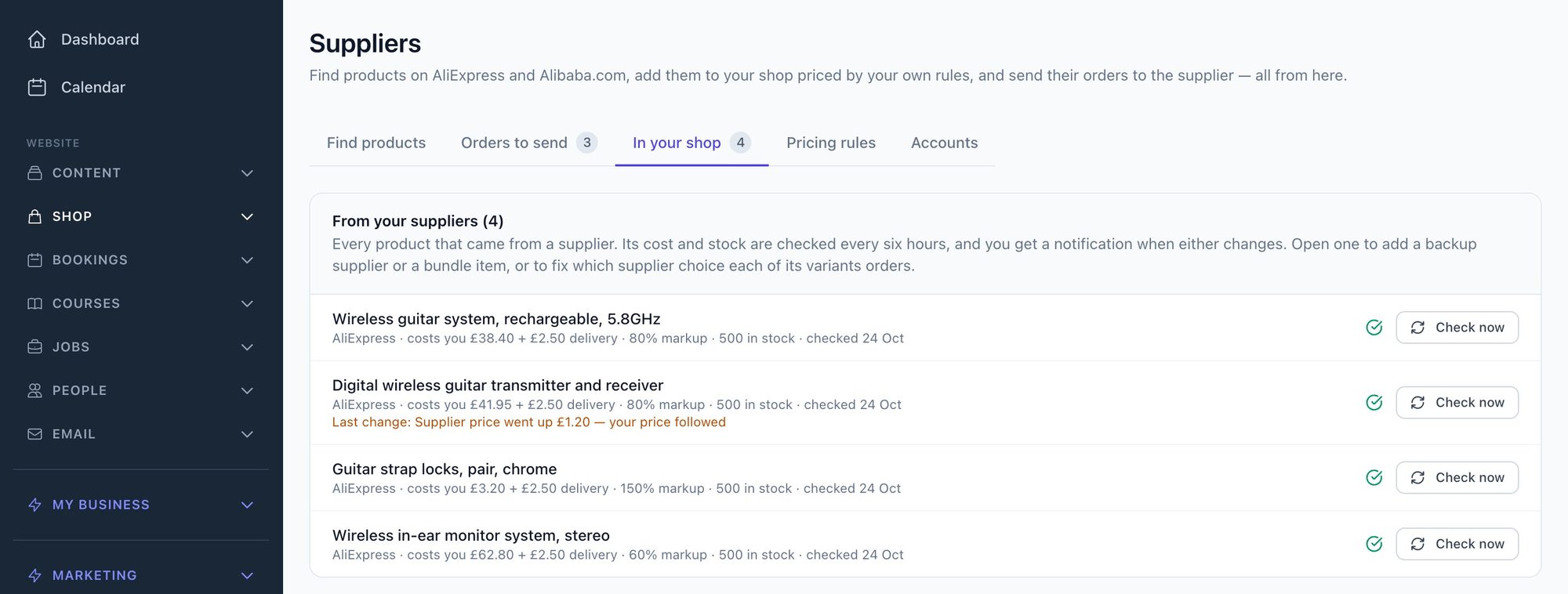 The prices and stock checked every six hours screen in the Mediatopia CMS