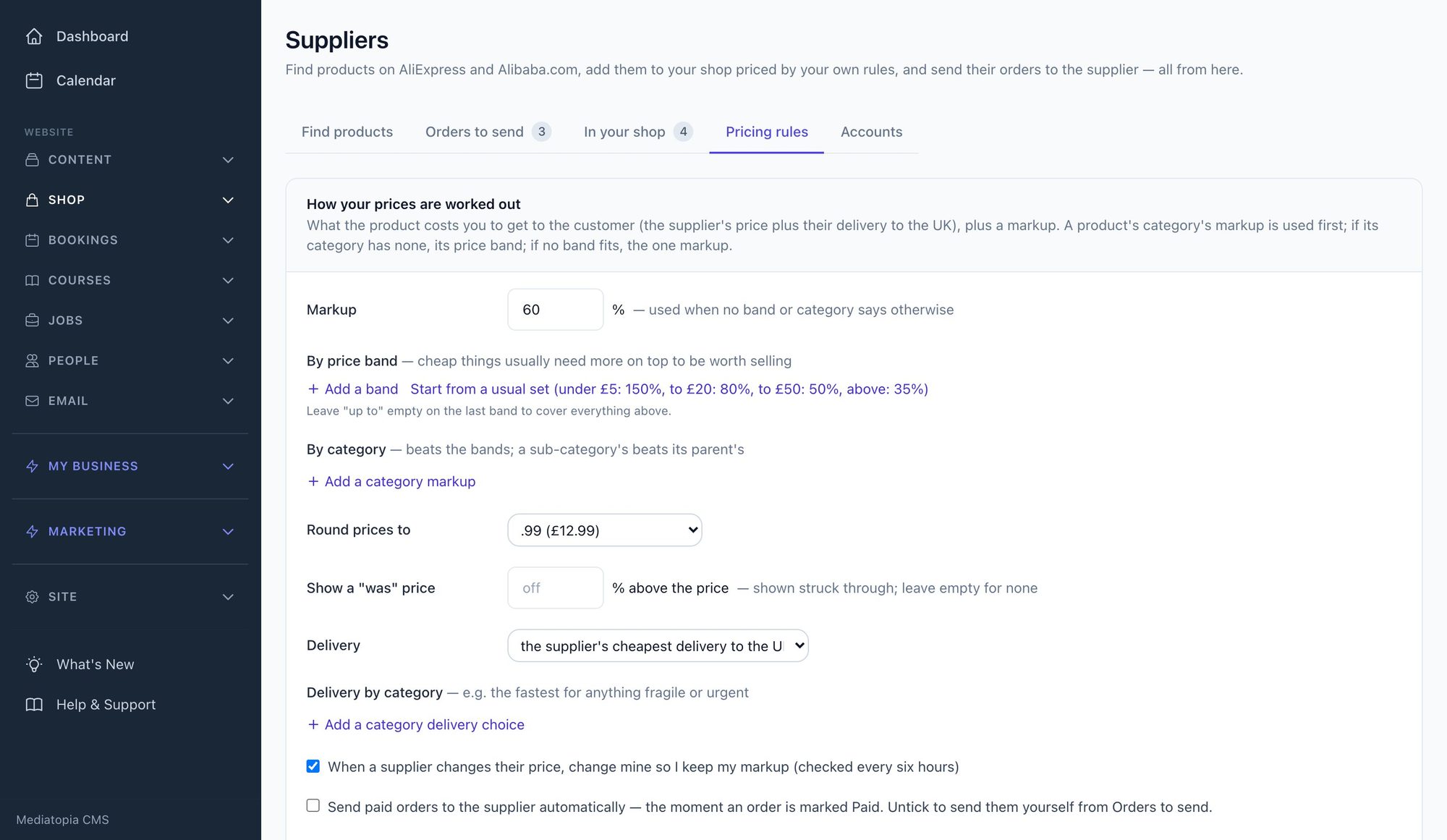 The setting your prices and keeping them right screen in the Mediatopia CMS