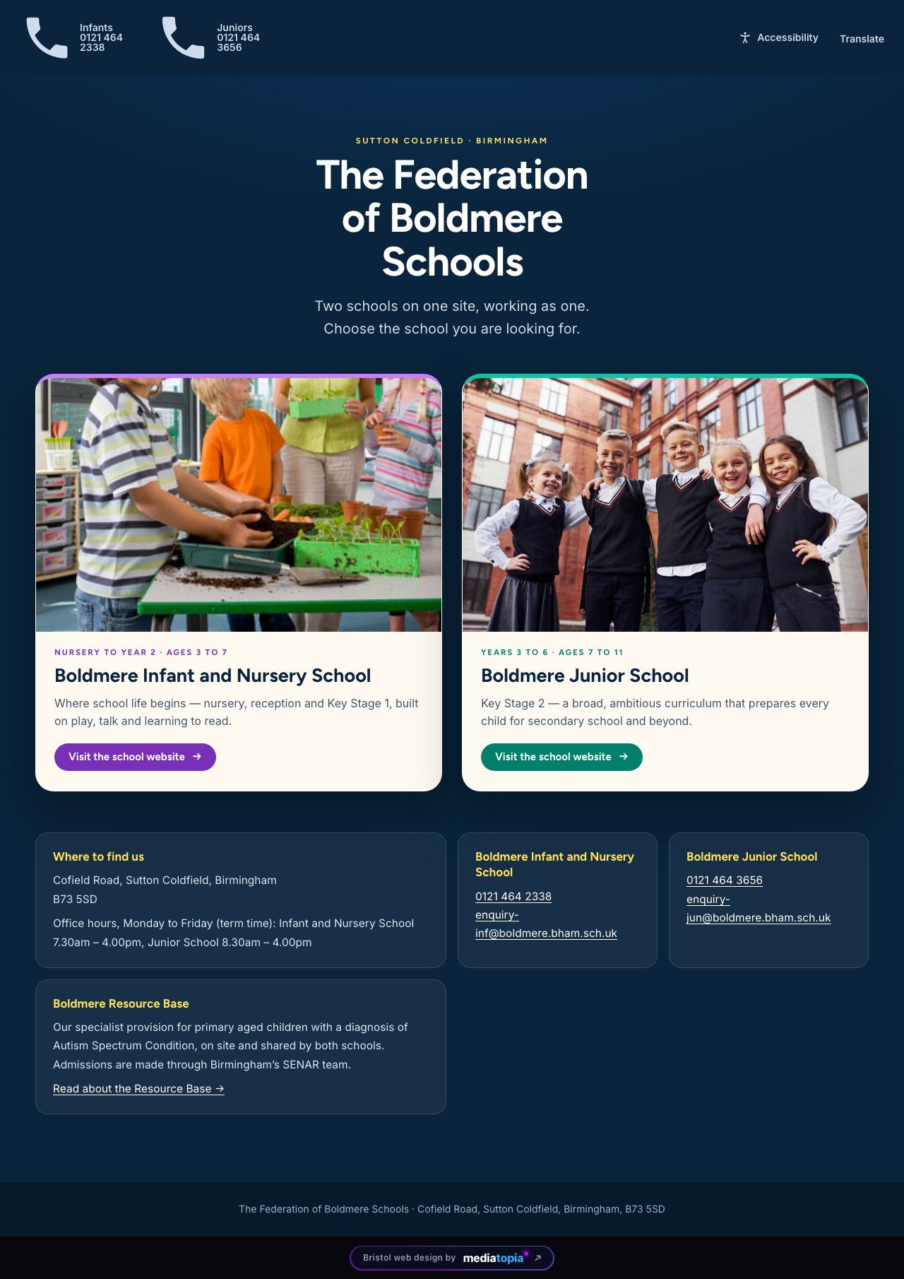 The Federation of Boldmere Schools landing page, designed and built by Mediatopia