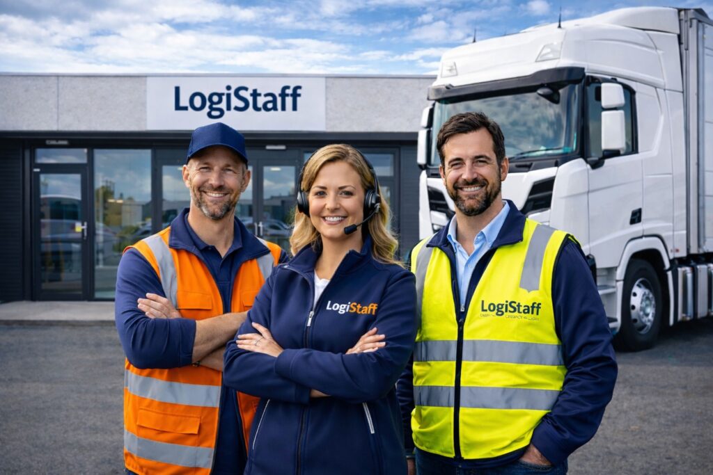 The LogiStaff team in branded hi-vis outside their office, beside a lorry