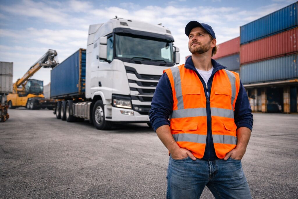 A LogiStaff driver in hi-vis beside his lorry at a container depot